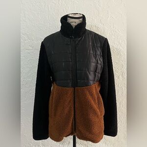 Women's Black and Brown Fleece & Nylon Jacket